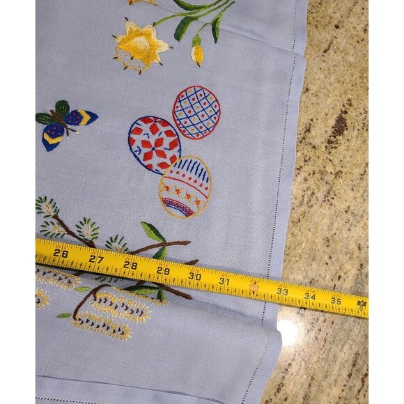 Linen 33x34" Tablecloth Handmade Ukraine Eggs Butterfly Flowers Blue Colorful - Picture 3 of 13